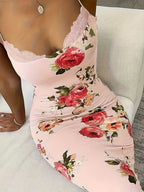 Printed strappy dress with contrast lace