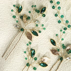Set of handmade headband and hair clips with green rhinestones