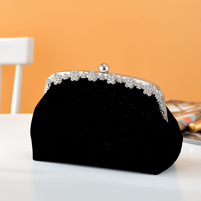 Elegant handbag for weddings and parties decorated with rhinestones with a removable strap