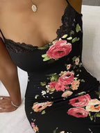 Strappy dress with floral print and lace patchwork