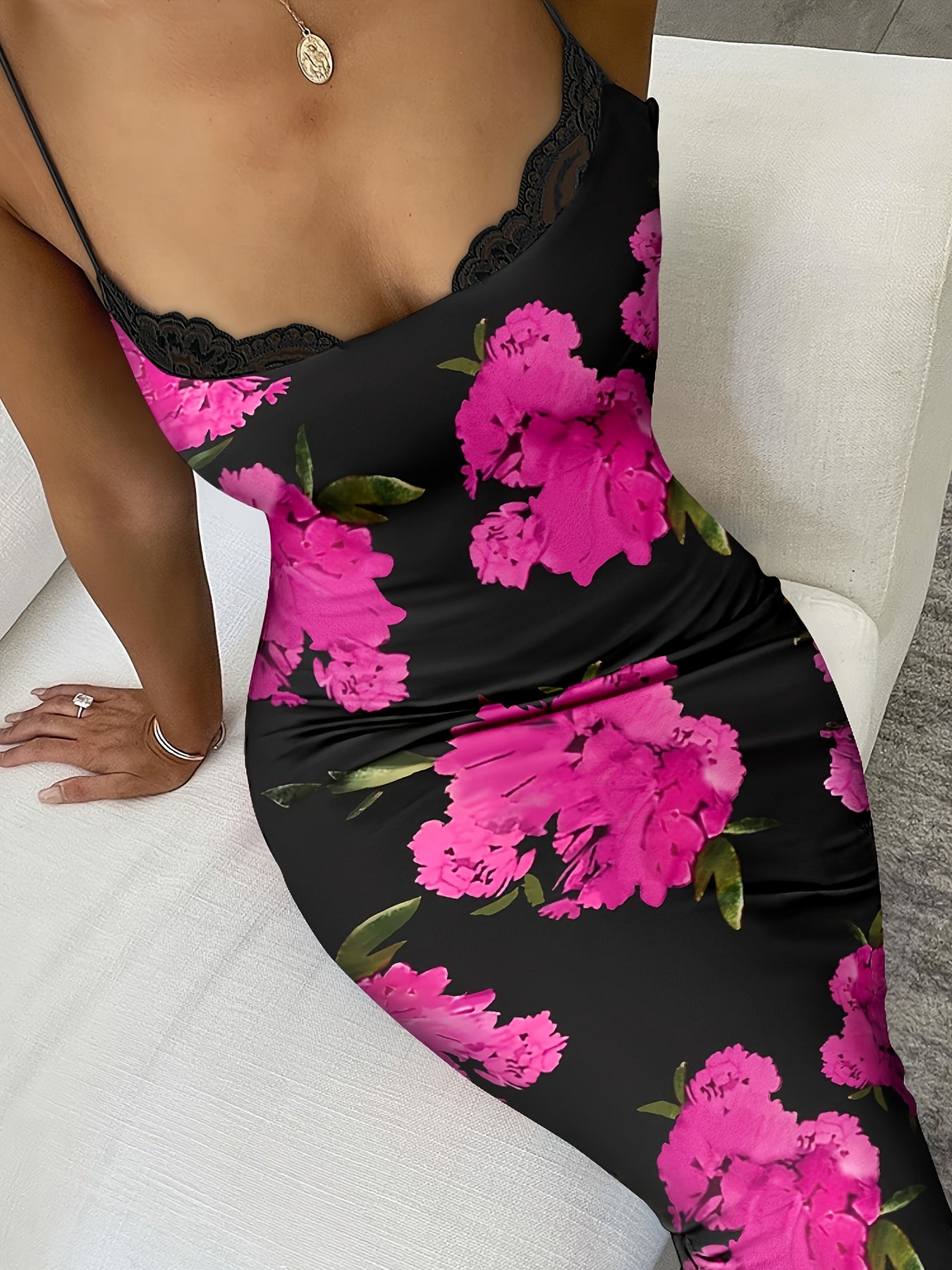 Printed strappy dress with contrast lace