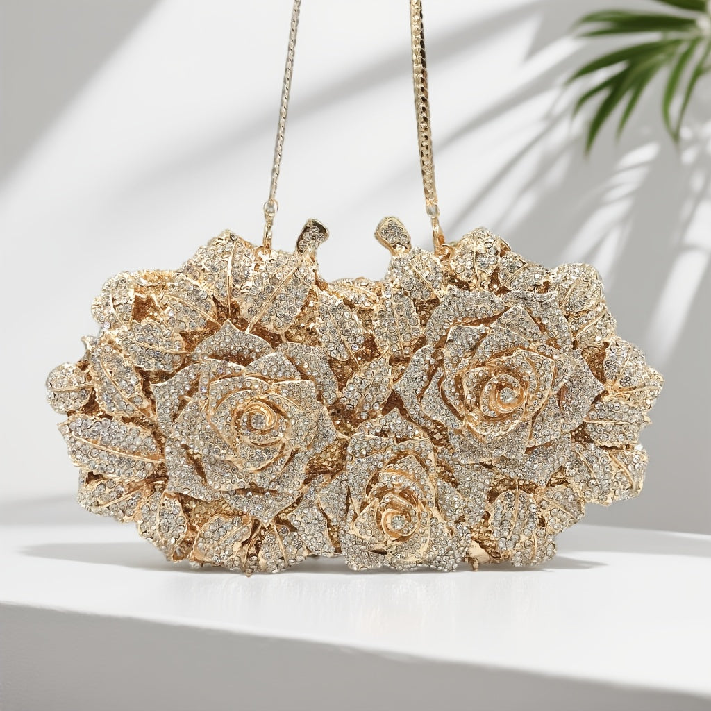 Luxurious glittering handbag with rose motif