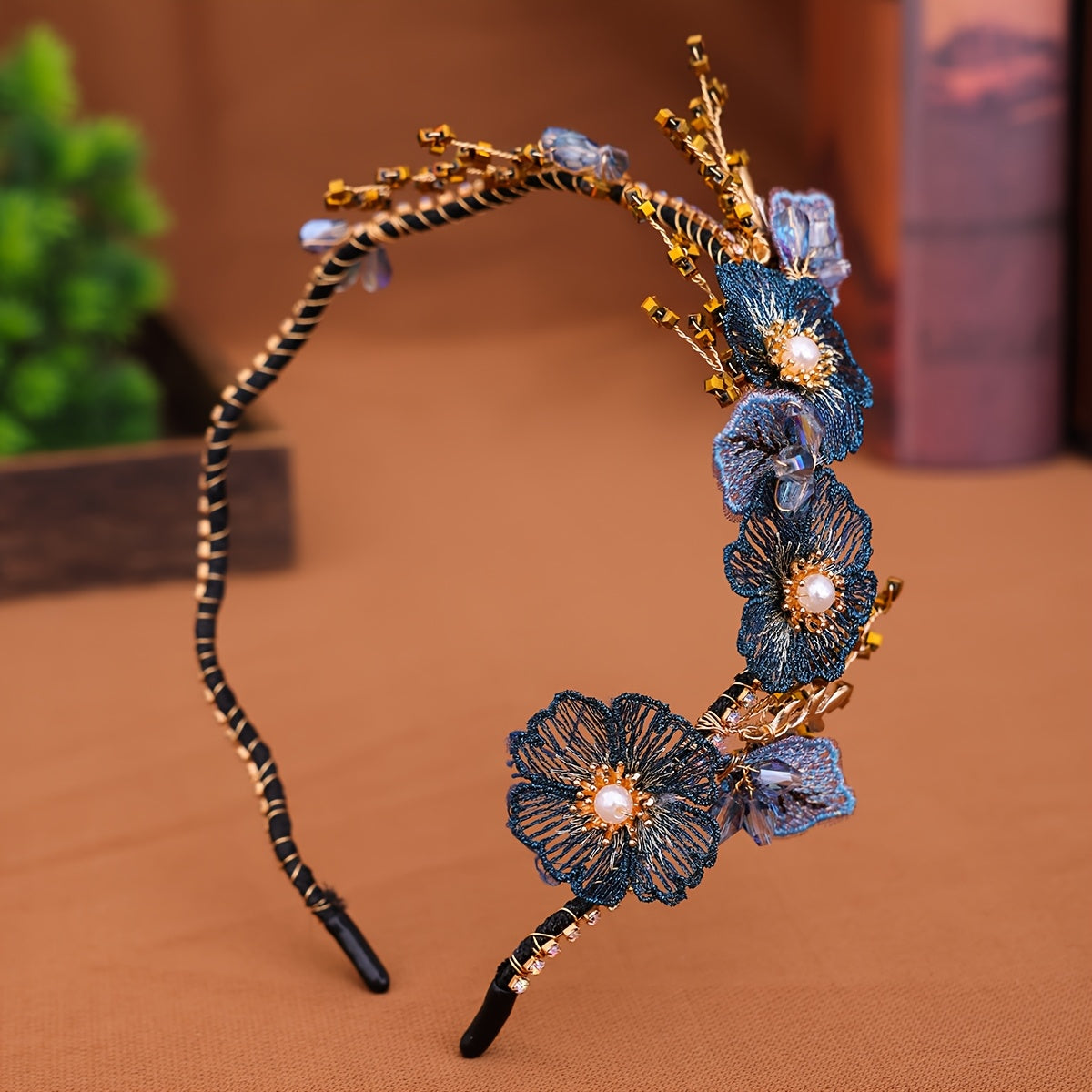 Embroidered floral headband with rhinestones