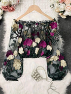 Průsvitný síťovaný crop top s háčkováním a květinovou výšivkou