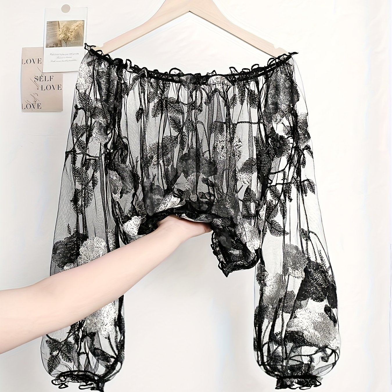 Sheer mesh crop top with crochet and floral embroidery