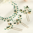 Set of handmade headband and hair clips with green rhinestones