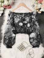 Průsvitný síťovaný crop top s háčkováním a květinovou výšivkou