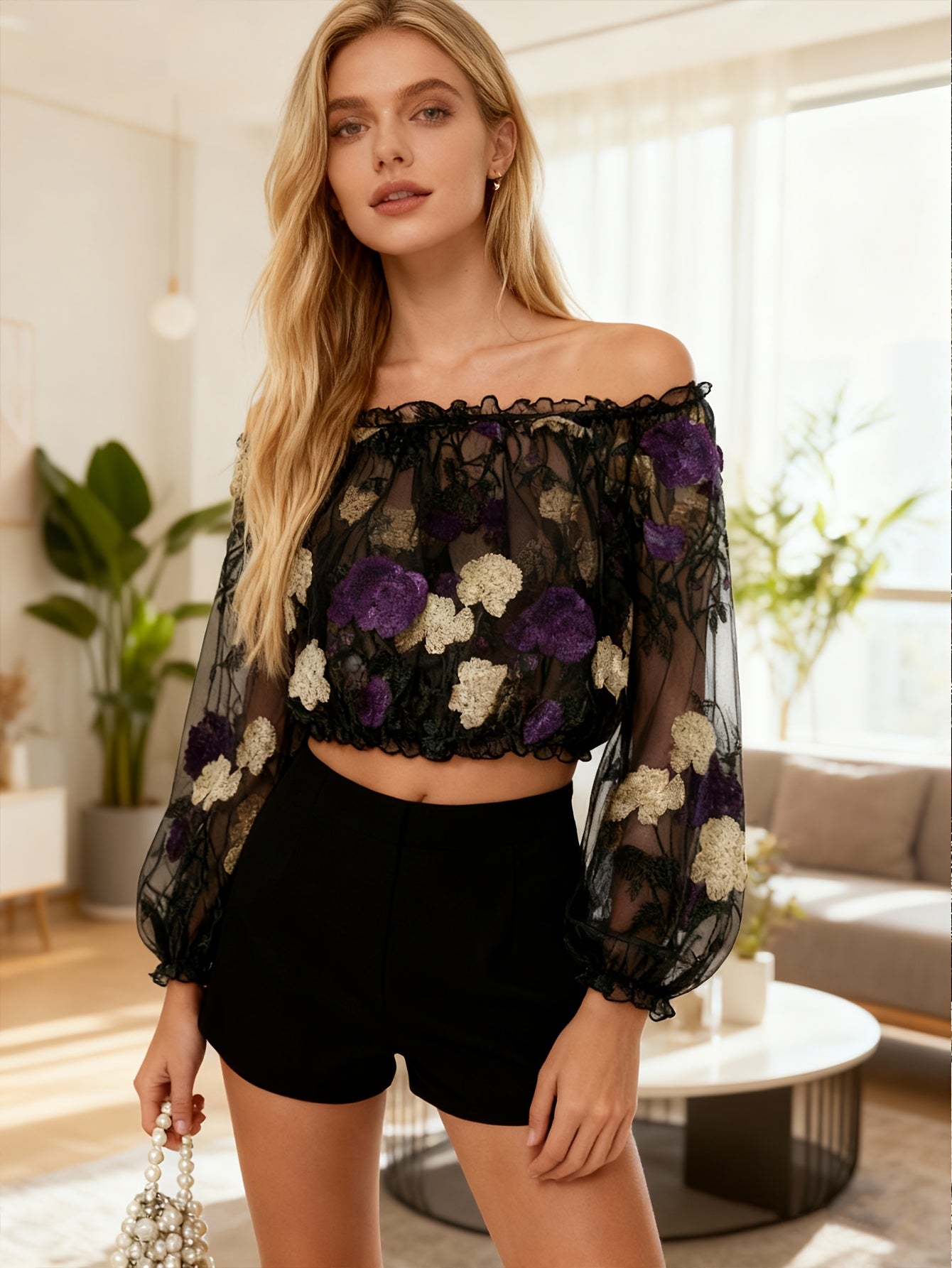 Sheer mesh crop top with crochet and floral embroidery