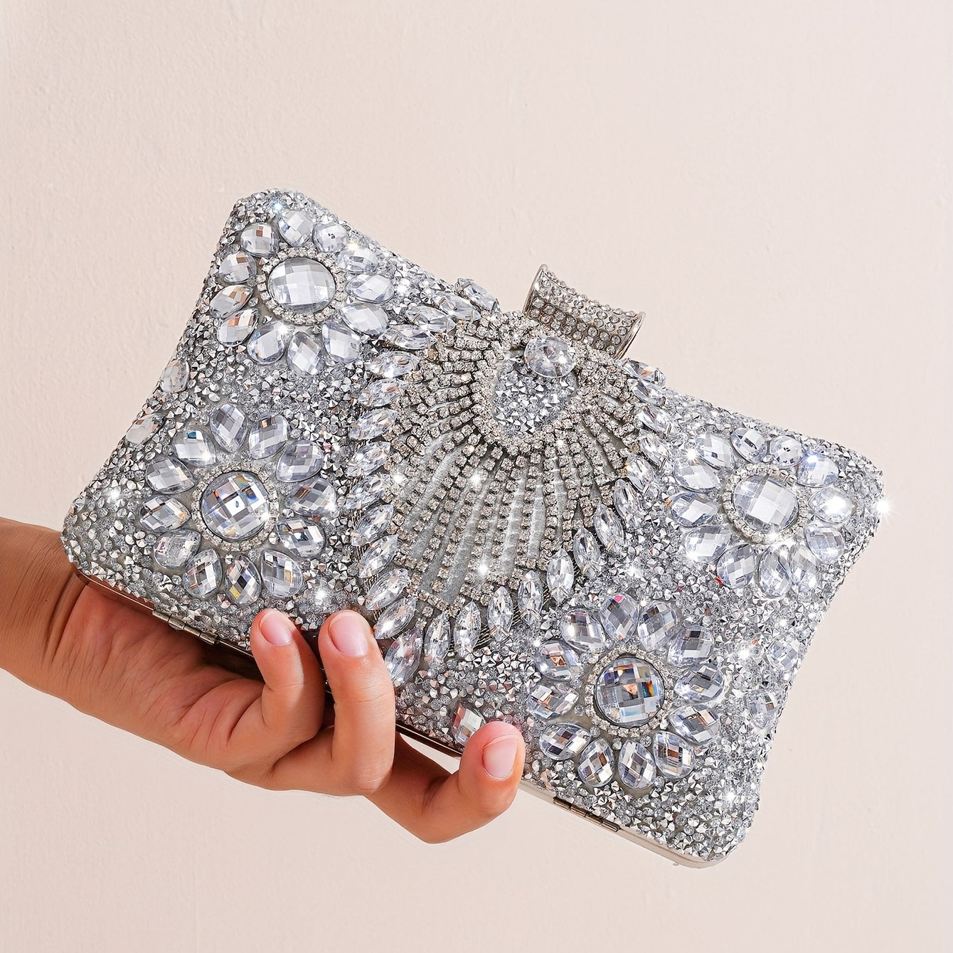 Shiny silver clutch with rhinestones