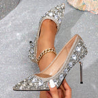 Luxurious high-heeled pumps decorated with rhinestones