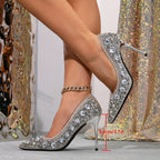 Luxurious high-heeled pumps decorated with rhinestones