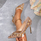 Luxurious high-heeled pumps decorated with rhinestones