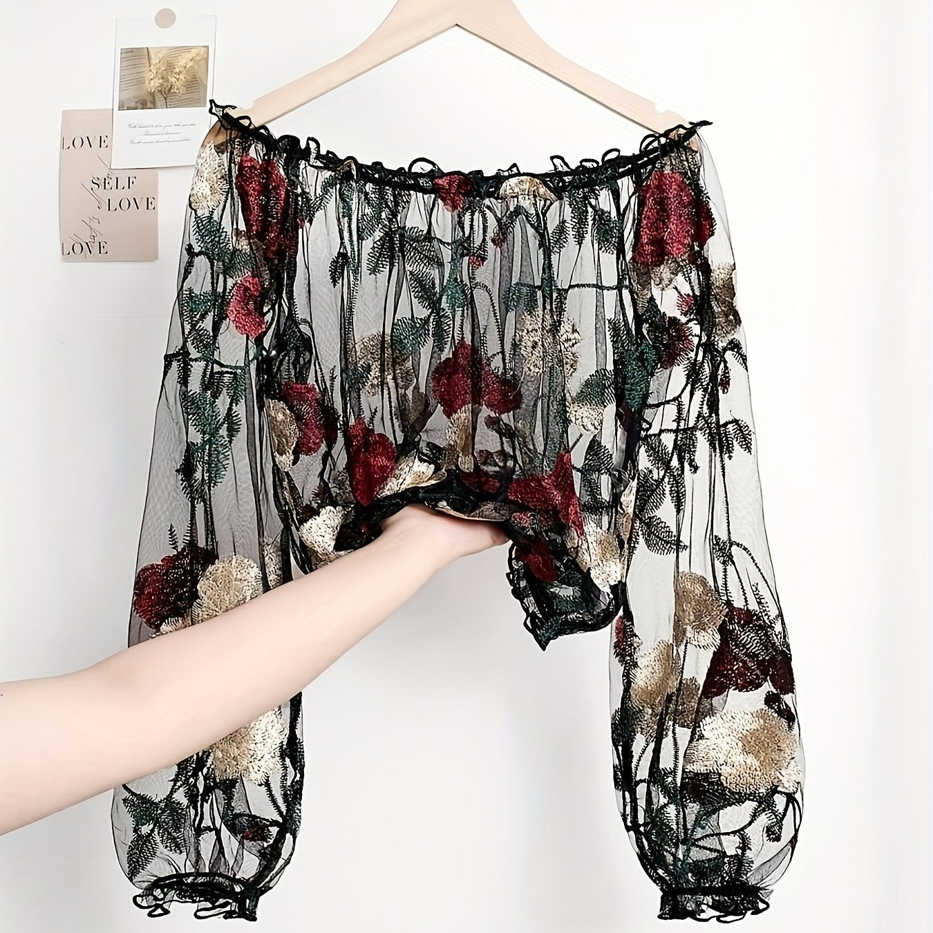 Sheer mesh crop top with crochet and floral embroidery