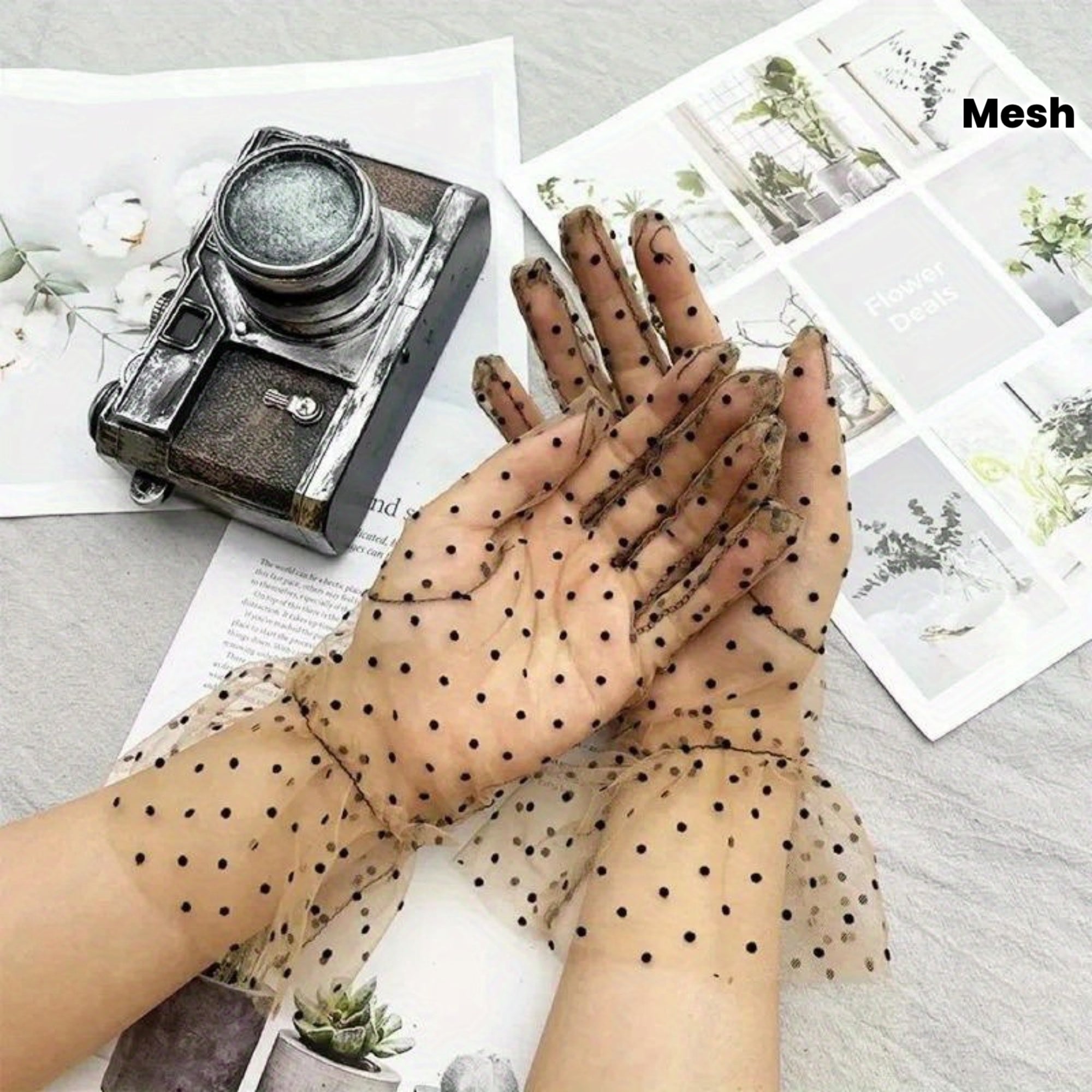 Transparent mesh gloves with polka dot pattern