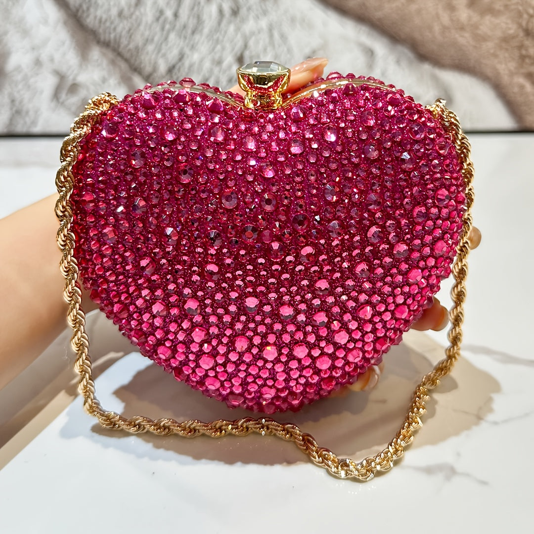 Mini heart-shaped handbag decorated with rhinestones