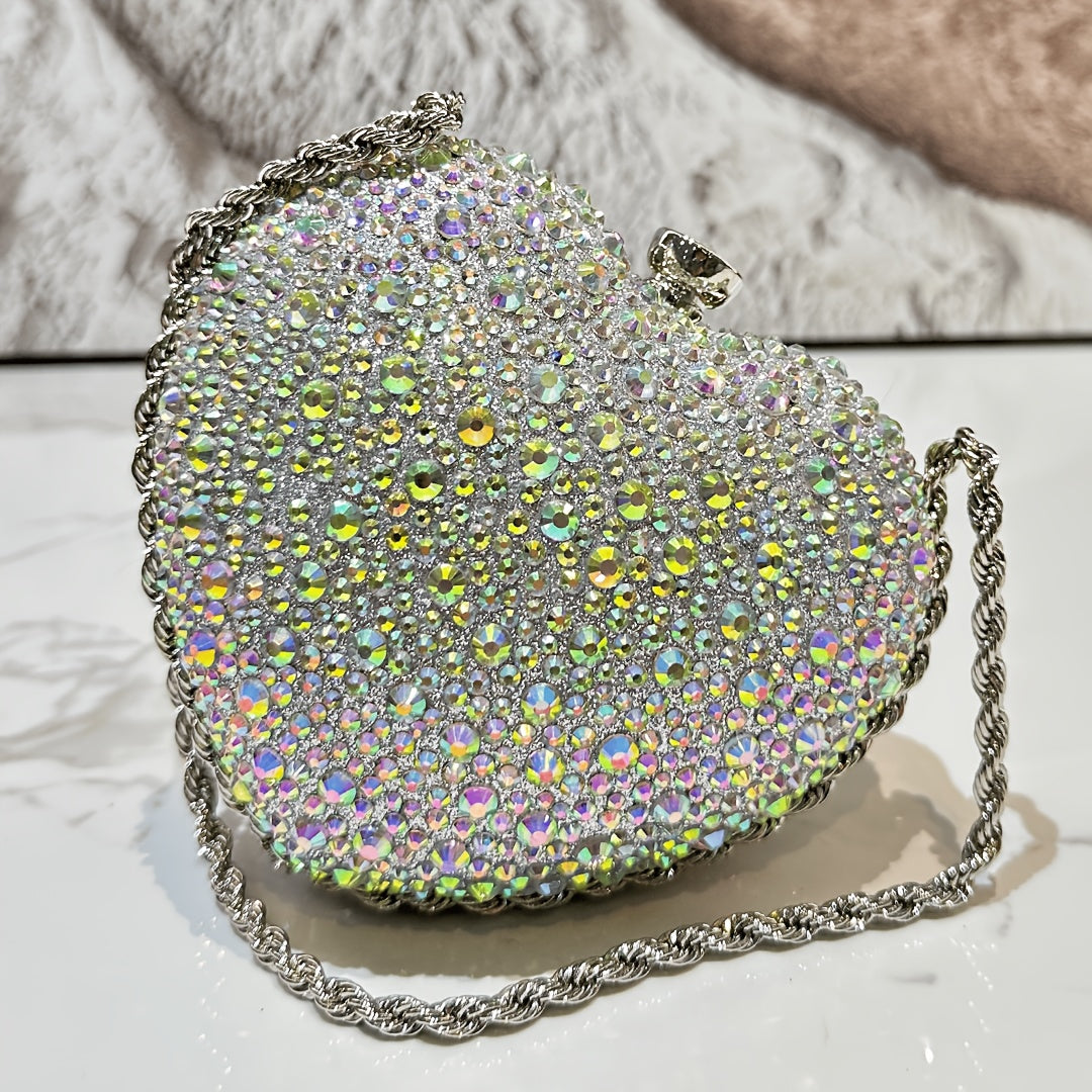 Mini heart-shaped handbag decorated with rhinestones