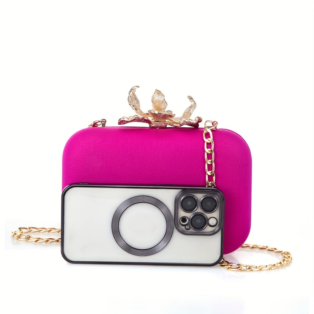 Metallic lycra clutch with lotus-shaped clasp