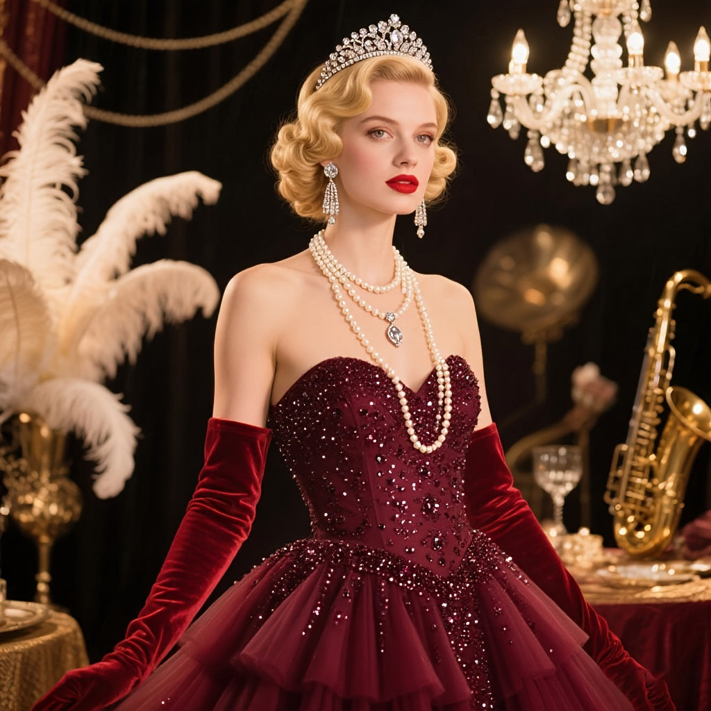 Long velvet gloves in the style of the 1920s