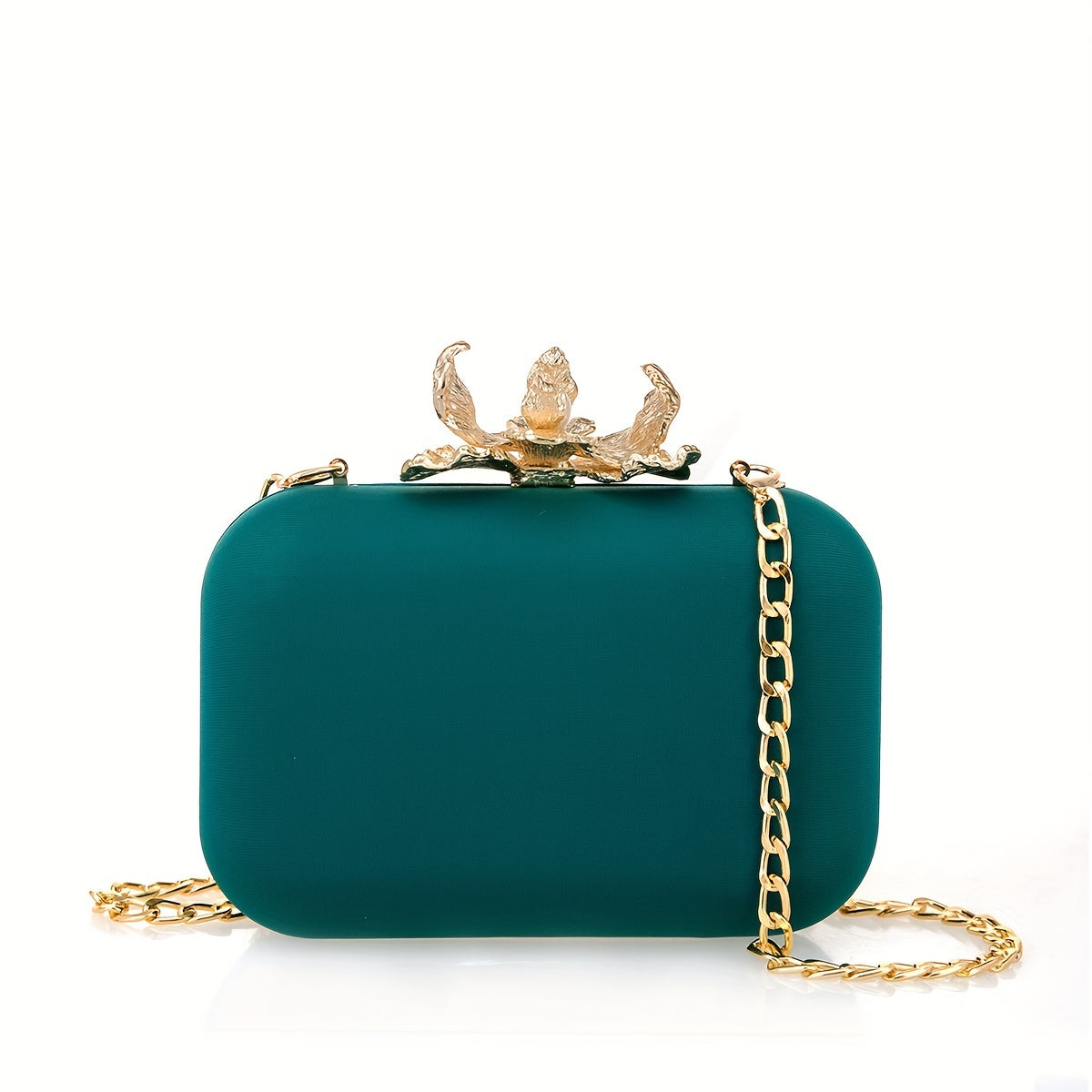 Metallic lycra clutch with lotus-shaped clasp