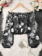 Průsvitný síťovaný crop top s háčkováním a květinovou výšivkou