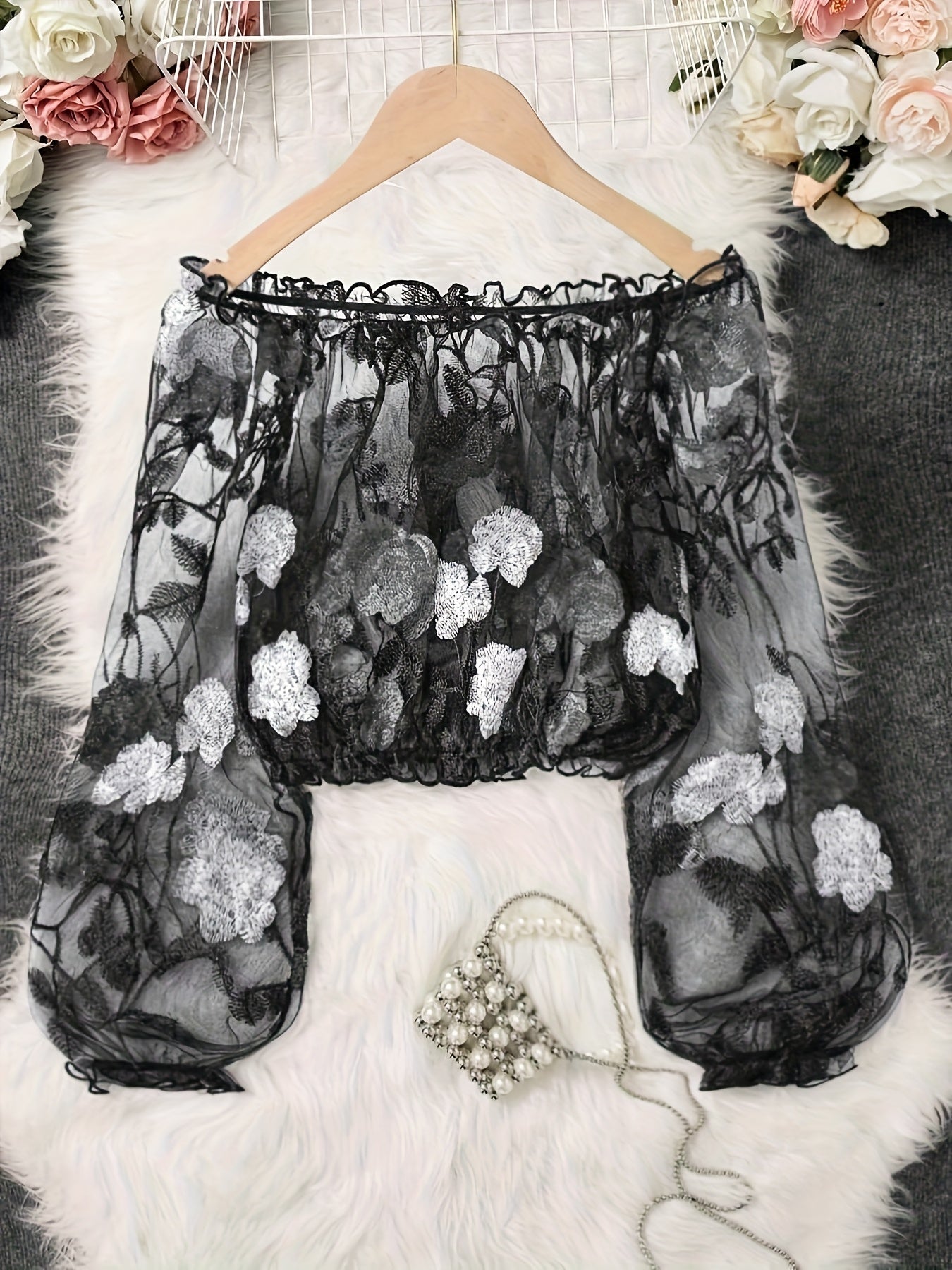 Sheer mesh crop top with crochet and floral embroidery