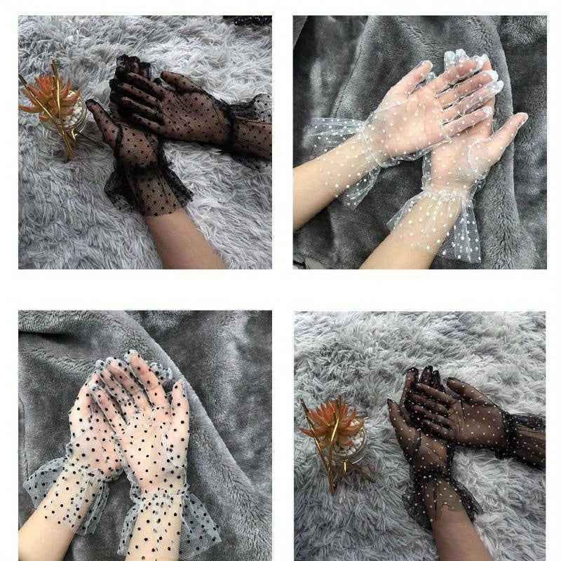 Transparent mesh gloves with polka dot pattern