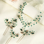Set of handmade headband and hair clips with green rhinestones