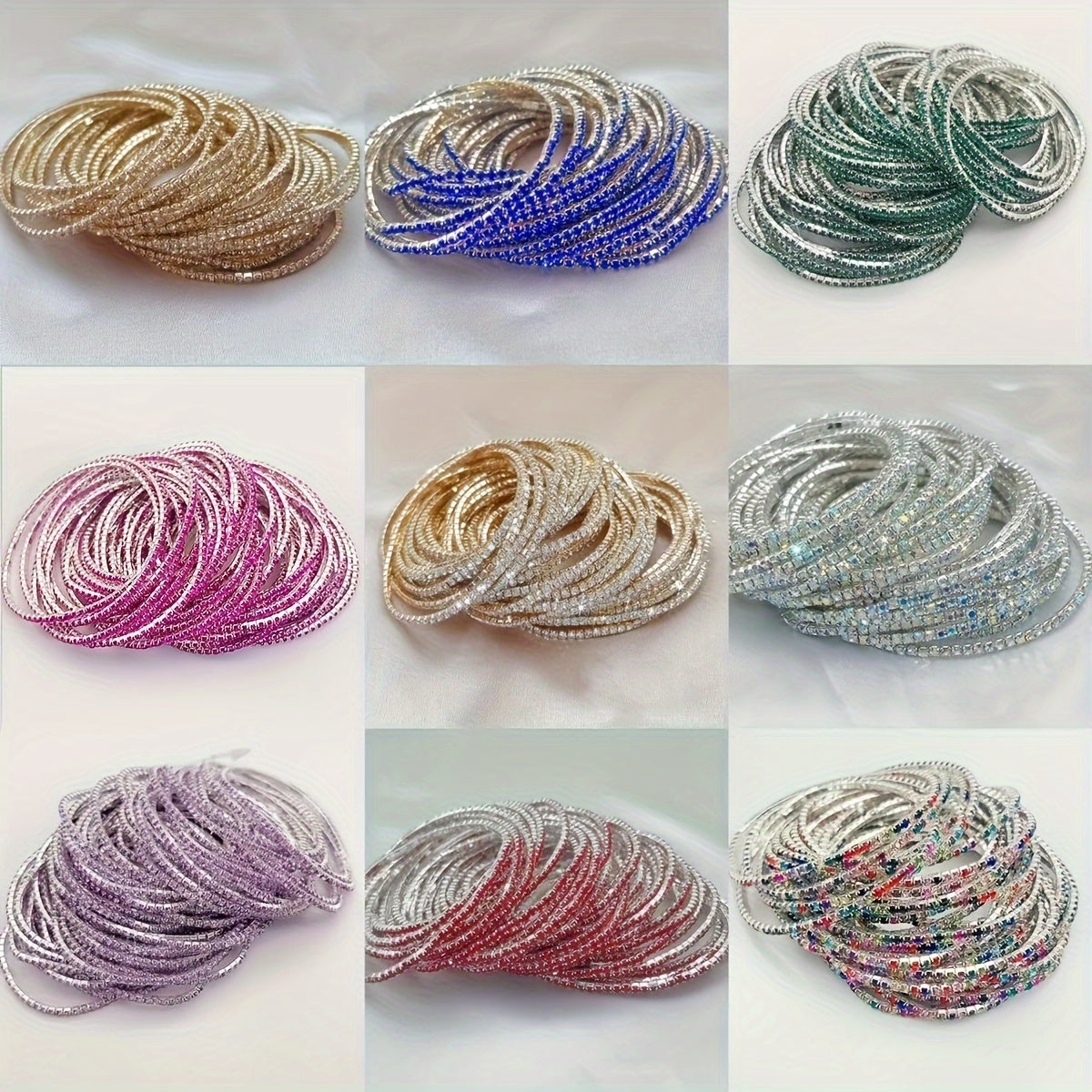 Set of 12 glittering bracelets with rhinestones