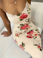 Strappy dress with floral print and lace patchwork
