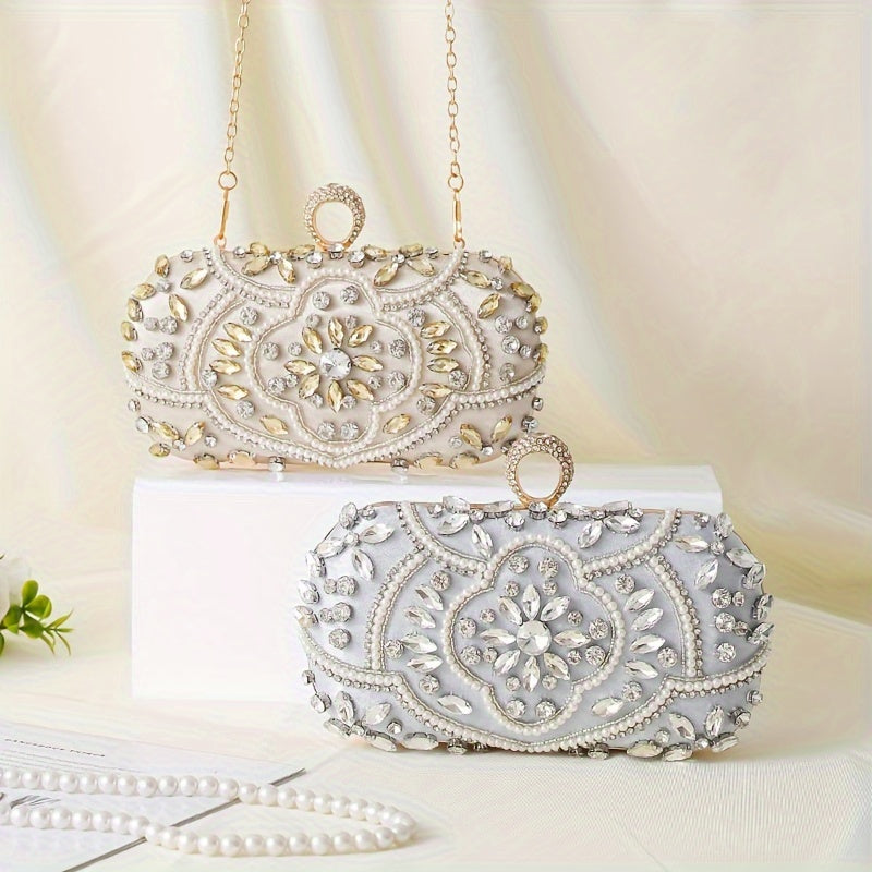 Stylish evening clutch decorated with luxurious beads and glittering rhinestones