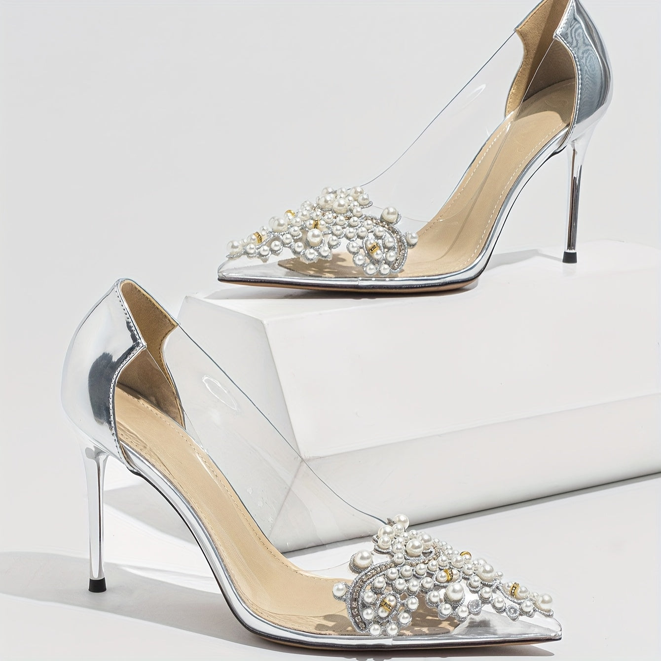 Unique high heels with pearl embellishment