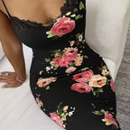 Strappy dress with floral print and lace patchwork