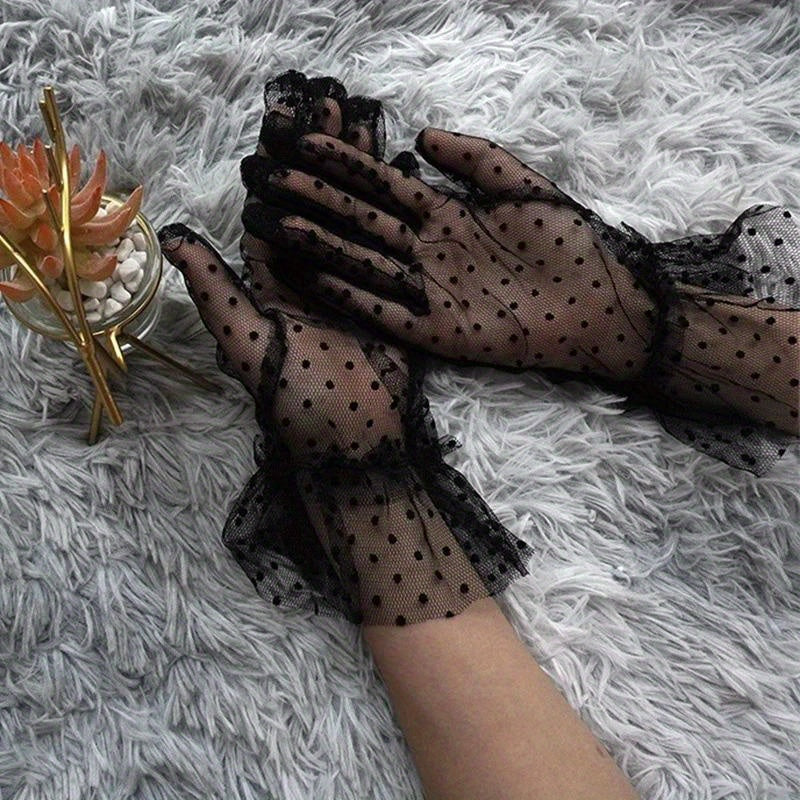 Transparent mesh gloves with polka dot pattern